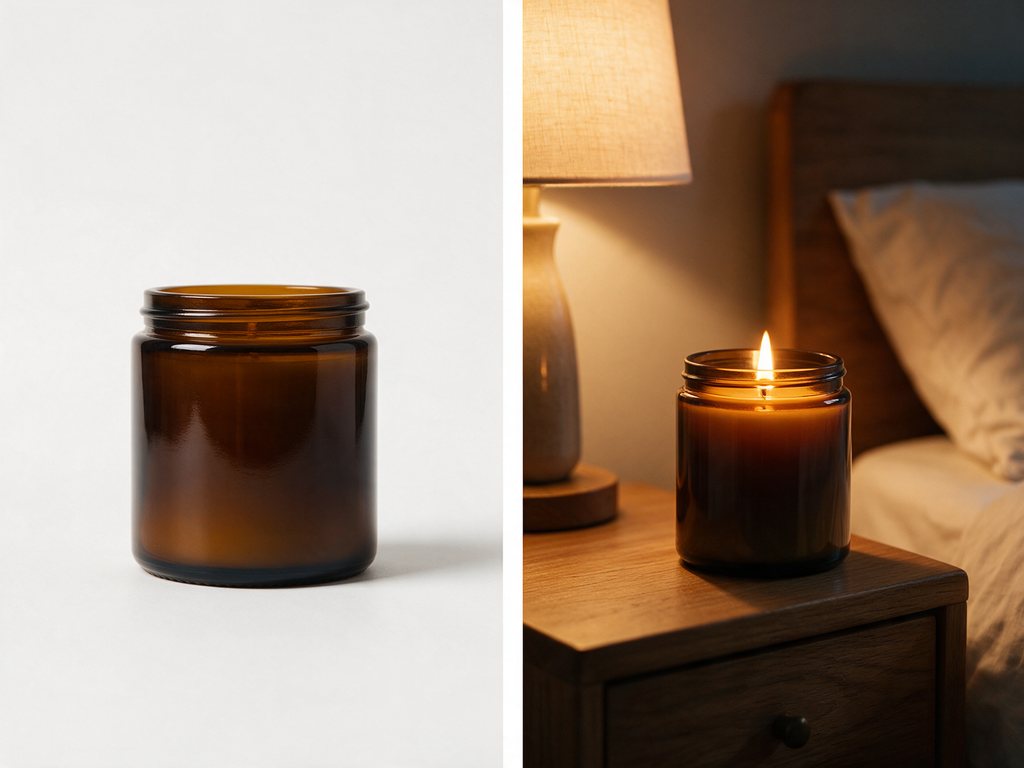 The same amber candle jar as a plain packshot and lit on a bedside table