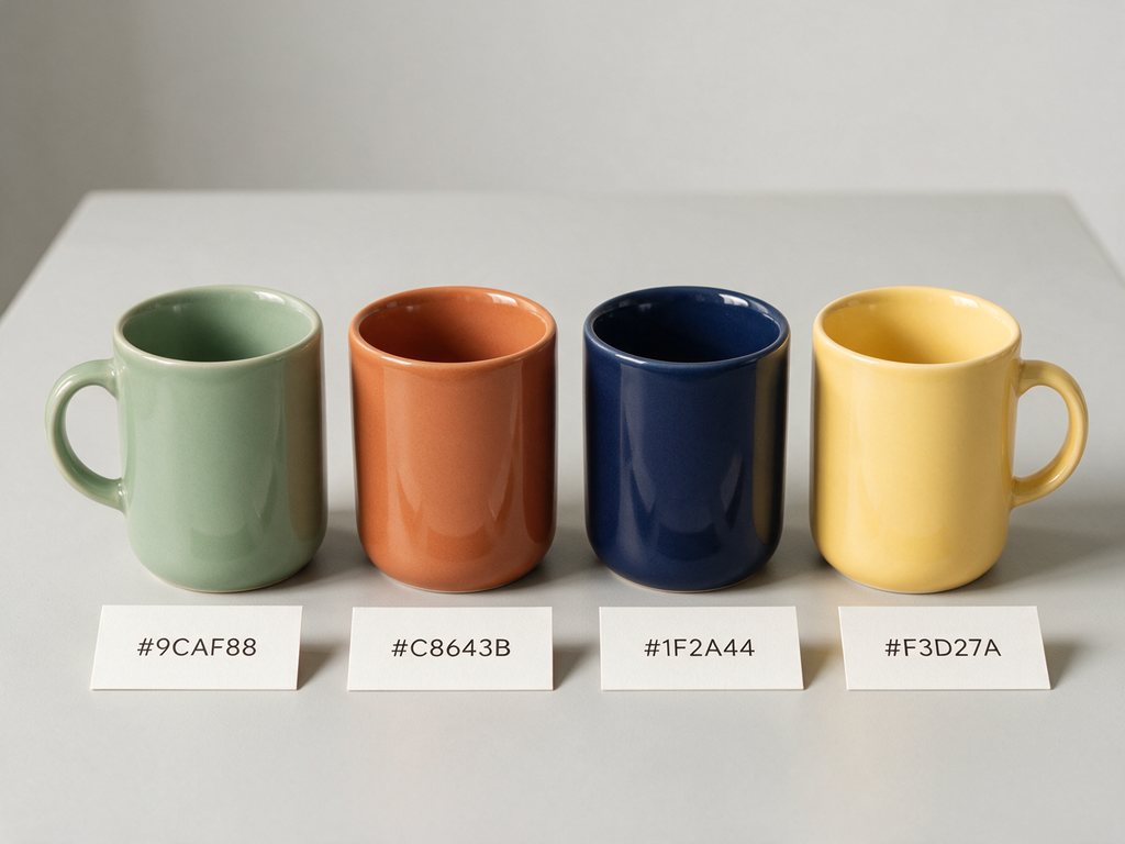 Four ceramic mugs in sage, terracotta, navy and butter yellow with hex code cards