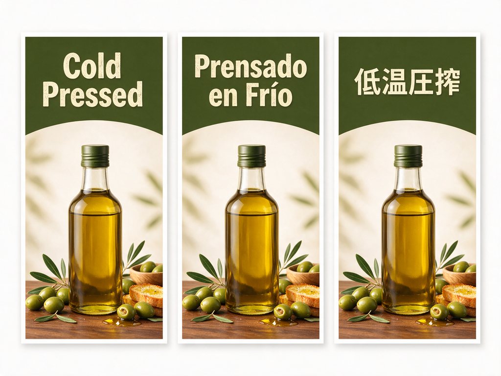 The same olive oil listing image in English, Spanish and Chinese, side by side
